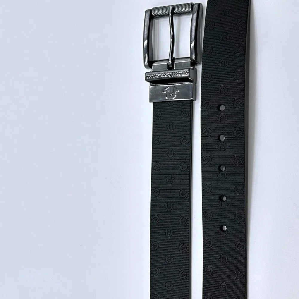 True Religion Mens Lumin II Reversible Belt Black Brown Embossed Logo Size 44
